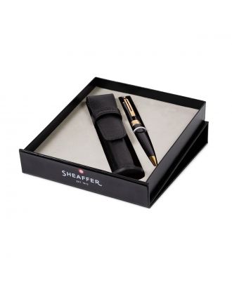 Sheaffer 300 Glossy Black Gold Trim Balpen Set met lederen etui
